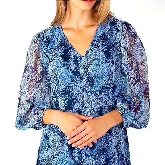 Joie Midi Dress Printed Blue Paisley Floral Chiffon V-Neck Long Sleeve NWT L - Picture 5 of 8